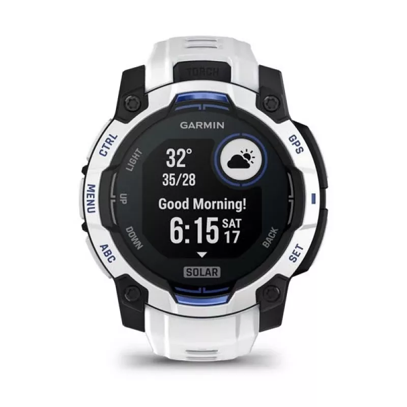 Viedpulkstenis GARMIN Instinct 2 45 mm, MIP 0,9 collas (176×176), GPS, saules enerģija, silikona siksniņa zila/balta