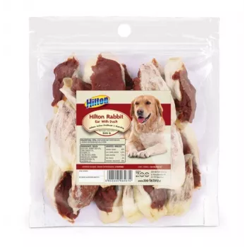 Suņu našķis Hilton Rabbit Ear with Duck — dabīgs našķis ar pīles garšu, 500 g iepakojums