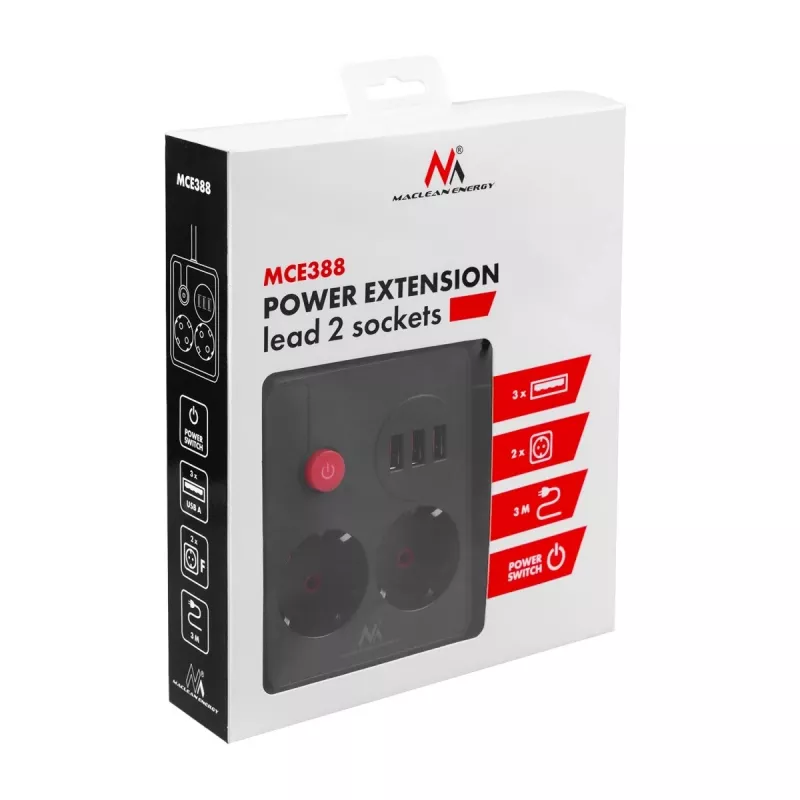 Strāvas sadalītājs MACLEAN MCE388 B — 2 maiņstrāvas rozetes, 3×USB A, 110–120V 50/60Hz, 2500W, 3 m kabelis, melns