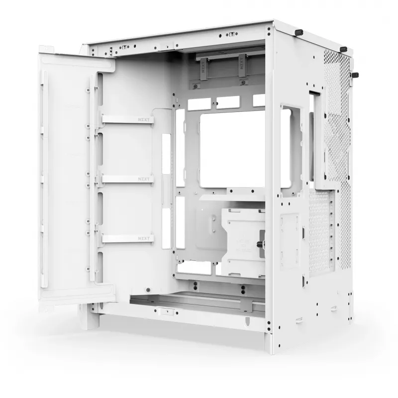 PC Midi Tower korpuss NZXT H9 Flow RGB+ — Balts, atbalsta ATX/EATX/Micro-ITX, rūdīts stikls, 3x140mm priekšējie + 1x120mm aizmugurējais ventilatori