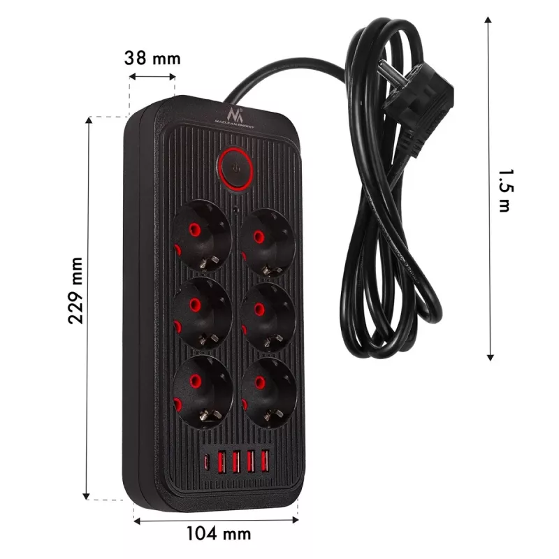 Strāvas sadalītājs MACLEAN MCE389 B — 6 rozetes, 4×USB-A + 1×USB-C, 110–240V, 2.1A, 2500W, 1,5 m kabelis, melns