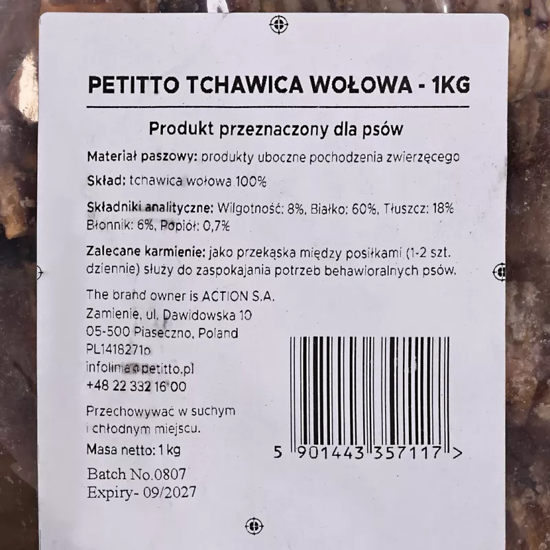 Suņu kārums PETITTO Liellopa traheja 1 kg - PETITTO liellopa trahejas košļājamais kārums