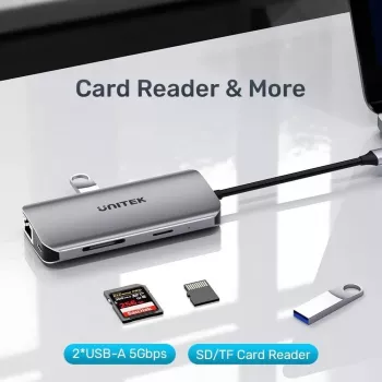 USB-C centrmezgls Unitek D1122A01 ar 2x HDMI 4K un 100 W jaudas piegādi