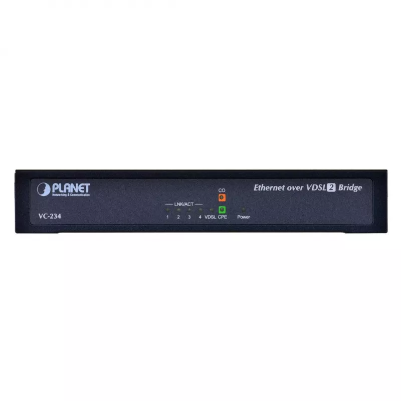 Tīkla tilts PLANET VC-234 pārvaldāms 4-portu Fast Ethernet (10/100) montāžai statnē 1U, līdzstrāvas ieeja, 0,8 Gbit/s komutācijas jauda