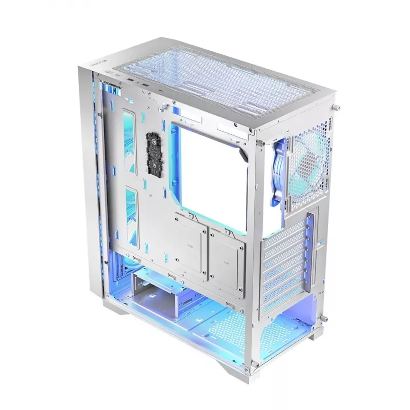 PC korpuss LOGIC Dart Pro Midi ARGB balts — Midi Tower, ATX, 456×200×385 mm, maks. GPU 34 cm, CPU dzesētāja augstums 155 mm, 3x120mm priekšā + 1x120mm aizmugurē, USB 3.0 x2, USB-C x1
