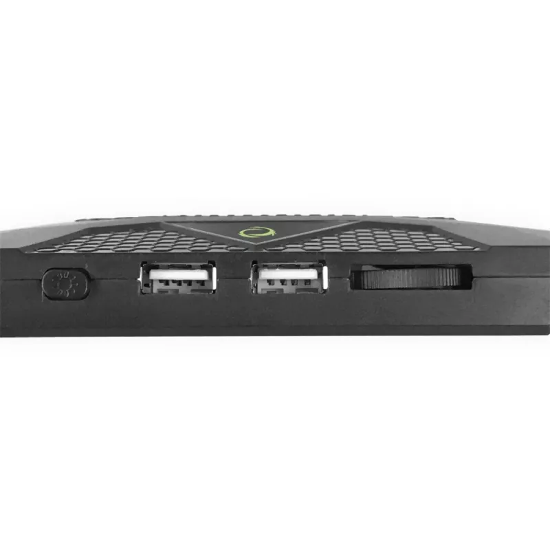 Portatīvā datora dzesēšanas paliktnis ESPERANZA EGC107 — 3 ventilatori 1200–2600 RPM, 390×255×38 mm, USB PD, RGB, 5 augstuma pozīcijas, melns