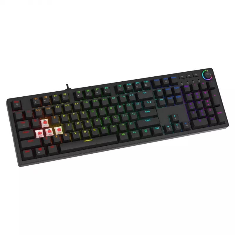 Mehāniskā spēļu klaviatūra SAVIO STYX Outemu Blue Hot-Swap RGB USB QWERTY US International melna 104 taustiņu pilnizmēra