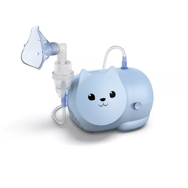 Mesh smidzinātājs Omron Nami Cat NE-C303K-KDE — galda inhalators, 0,35 ml/min, bērniem un pieaugušajiem, zils, 235×148×157 mm