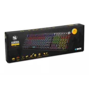 Klaviatūra IBOX AURORA K-6 — pilna izmēra QWERTY, RF bezvadu + Bluetooth, RGB apgaismojums, mehāniski zema profila taustiņi, melna