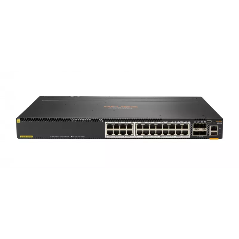 Hewlett Packard Enterprise HPE Aruba 6300M - Slēdzis - L3 - pārvaldīts - 24 x 1/2,5/5/10GBase-T + 4 x 1 Gigabits / 10 Gigabits / 25 Gigabits / 50 Gigabits SFP56 (Augšupielāde / Sakraušana) - Priekšpuse