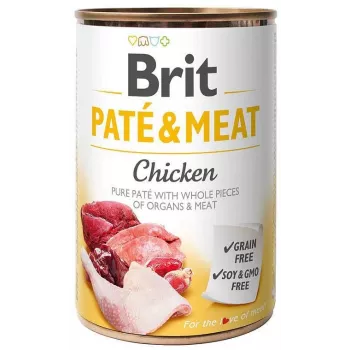 Slapjā suņu barība Brit Paté & Meat ar vistu 400 g — slapjā barība, 400 g bundža, pieaugušiem suņiem, galvenā garša: vista, mitrums 75%