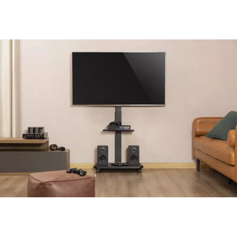 Gembird TVS-75S-02 televizora grīdas statīvs ar ritenīšiem, 37–75 inch, melns