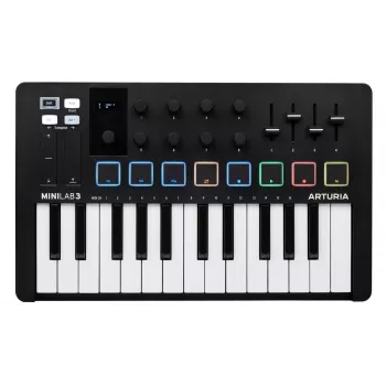 MIDI kontrolieris ARTURIA MiniLab 3 — 25 taustiņu kompakta USB MIDI tastatūra ar MIDI izeju, daudzkrāsu fona apgaismojuma paliktņiem