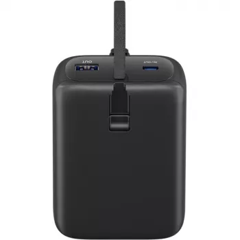 Powerbank 20.000 mAh, integrēts USB-C kabelis 13 cm, 30 W (melns, 20 Ah, 1x USB-A, 2x USB-C, PD, QC)