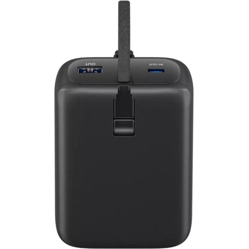 Powerbank 20.000 mAh, integrēts USB-C kabelis 13 cm, 30 W (melns, 20 Ah, 1x USB-A, 2x USB-C, PD, QC)