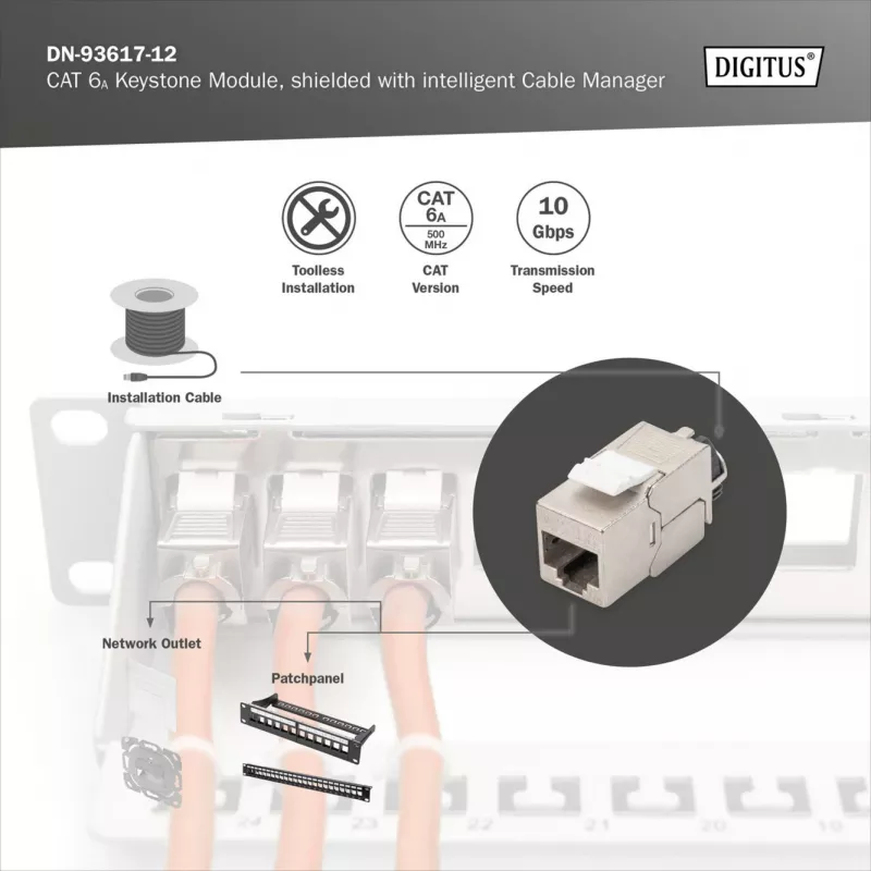 Keystone modulis DIGITUS CAT 6A ekranēts ar inteliģentu kabeļu pārvaldnieku, plakans RJ-45, 14,5×34,5×21 mm — 12 gab.