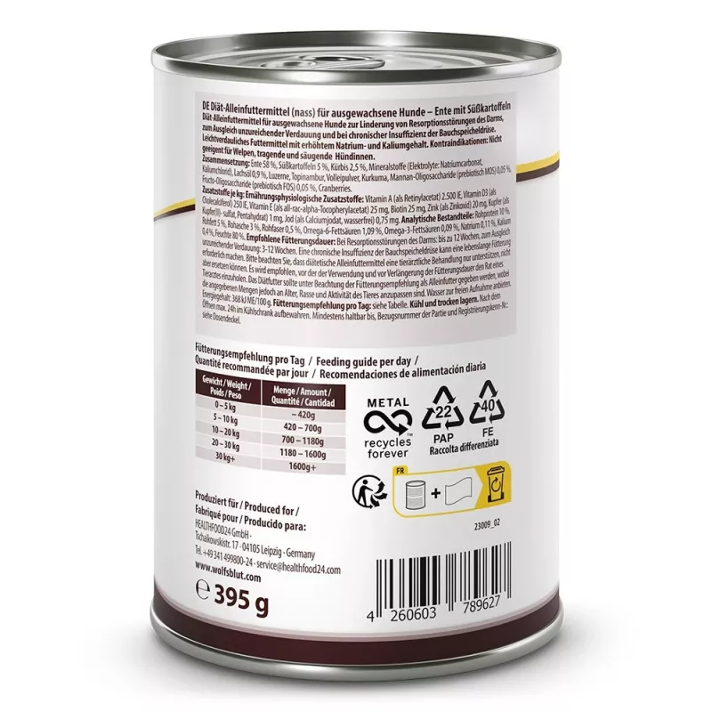 WOLFSBLUT VetLine Gastrointestinal Duck - mitrā suņu barība - 395g