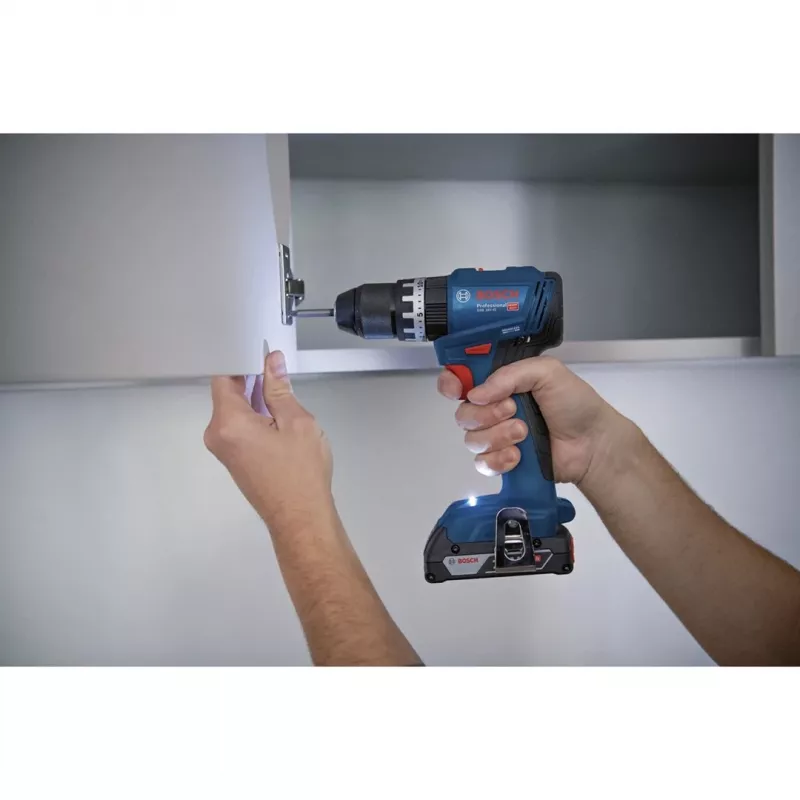 Bezvada urbis-skūvrēnis Bosch GSB 18 V — 18 V, 4 Ah Li-Ion, 45 N·m, 500/1900 RPM, 35 mm kokā, 10 mm tēraudā, 2 baterijas, lādētājs, kaste