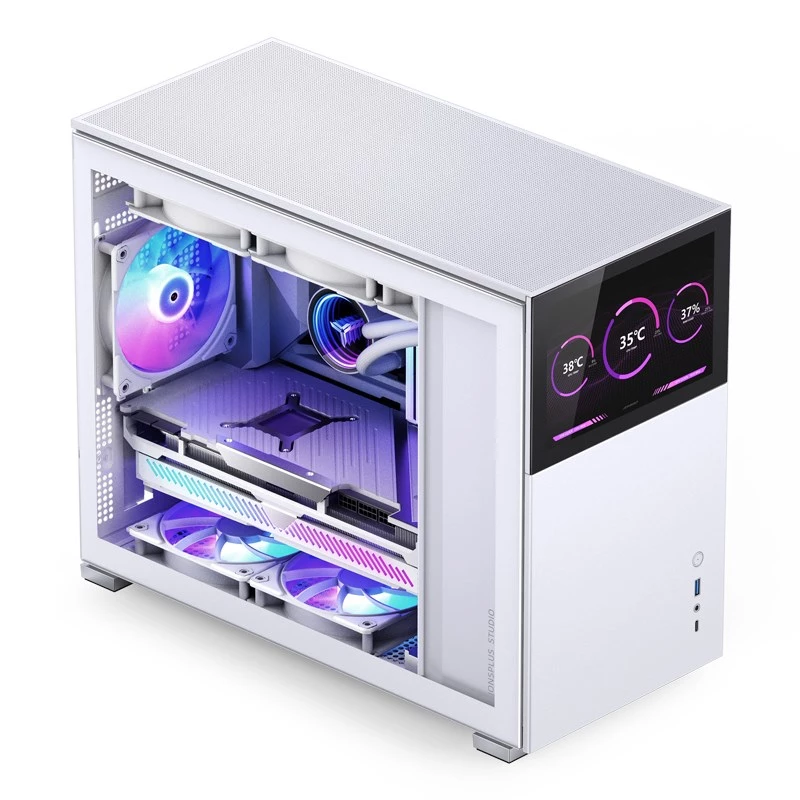 Datora korpuss Jonsbo D31 STD balts — Midi Tower, tērauds, rūdīts stikls, Micro-ATX/ITX/DTX, 2×2,5 collas + 1×3,5 collas, GPU līdz 400 mm, CPU dzesētājs 168 mm