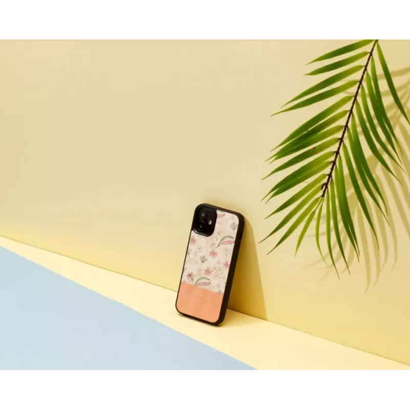 Aizsargājošs telefona maciņš Man and Wood iPhone 12 mini — rozā zieds uz melna