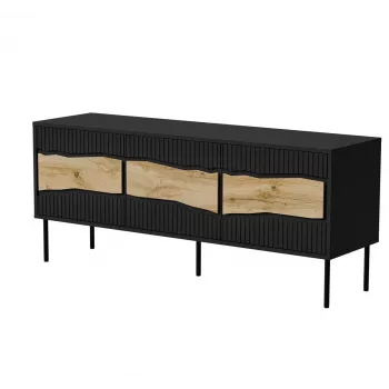 TV skapis cama meble INSERTO 3D 143,5x40x61,5 cm melns ar LED, skaidu plātnes augšdaļa