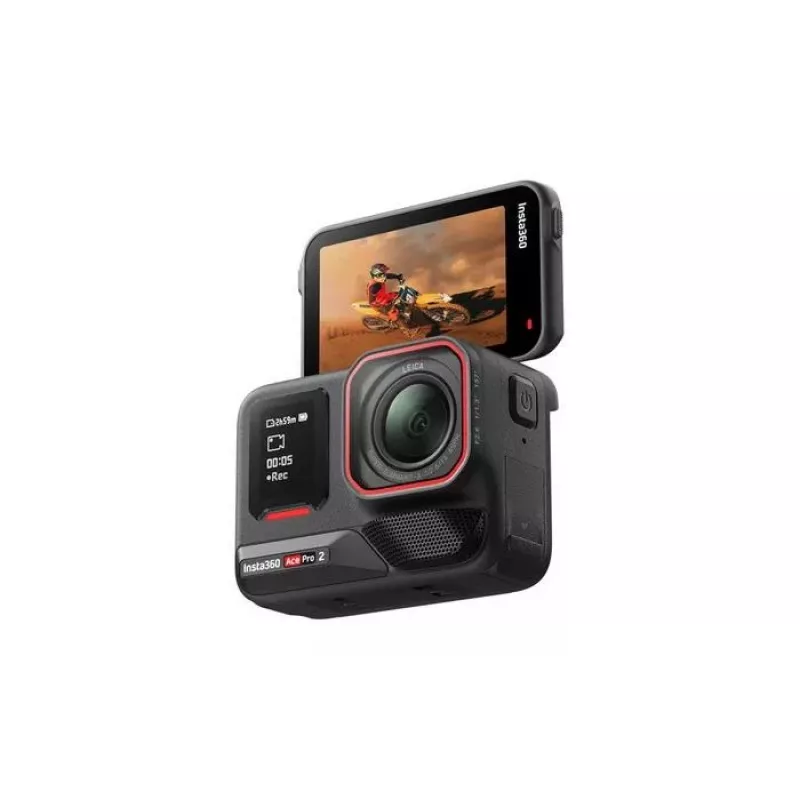 Action sports kamera Insta360 Ace Pro 2 — 50 MP, 8K Ultra HD (7680×3272), 1/1,3 collu sensors, līdz 240 kadriem/s, iebūvēts displejs, Wi‑Fi, MicroSD, 177,7 g, Melna