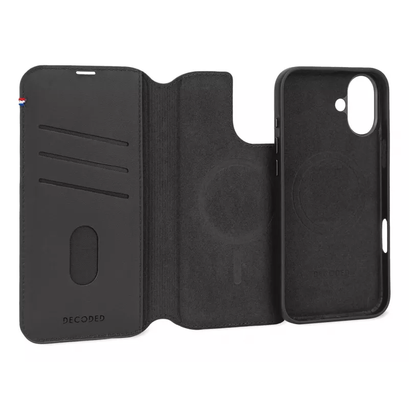 Ādas maciņš iPhone 16, melns