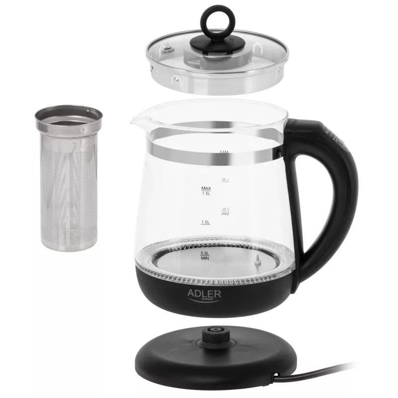 Adler Tējkanna | AD 1299 | Elektriskā | 2200 W | 1,5 L | Stikla | 360° rotējoša pamatne | Melna