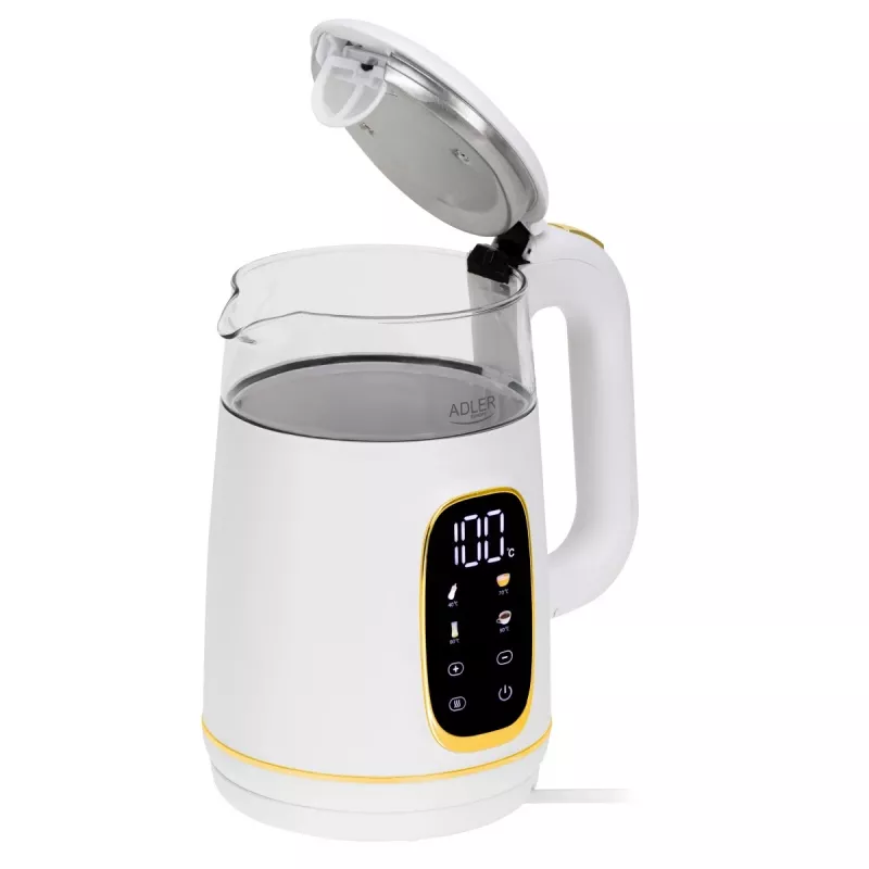 Elektriskā tējkanna Adler AD 1305WG — 1,7 l, 2200 W, stikls/plastmasa, balts/zelta/caurspīdīgs