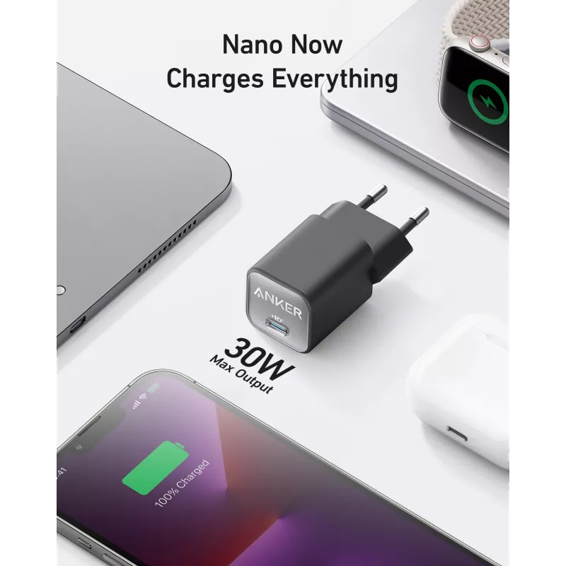 Iekštelpu maiņstrāvas lādētājs Anker 511 Nano 3 — 30W, 1× USB-C, 100–240V, Melns
