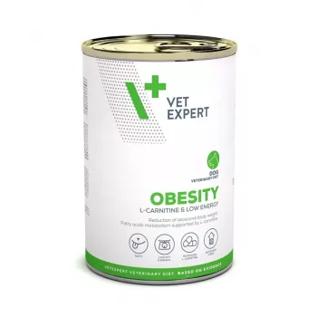 Mitrā suņu barība VETEXPERT Veterinary Diet Obesity suņiem 400 g bundža — mājputnu gaļa, pieaugušiem, ar zemu tauku saturu, augstu mitruma līmeni