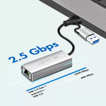USB-A/-C uz 2,5G Ethernet adapteris, pelēks