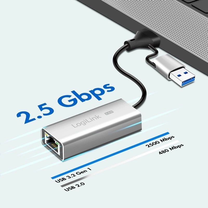 USB-A/-C uz 2,5G Ethernet adapteris, pelēks