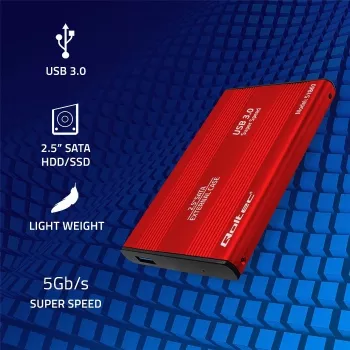 HDD/SSD korpuss QOLTEC 51860 2,5 collu SATA III diskdziņiem, USB Type-A, 5 Gbit/s, alumīnijs, sarkans