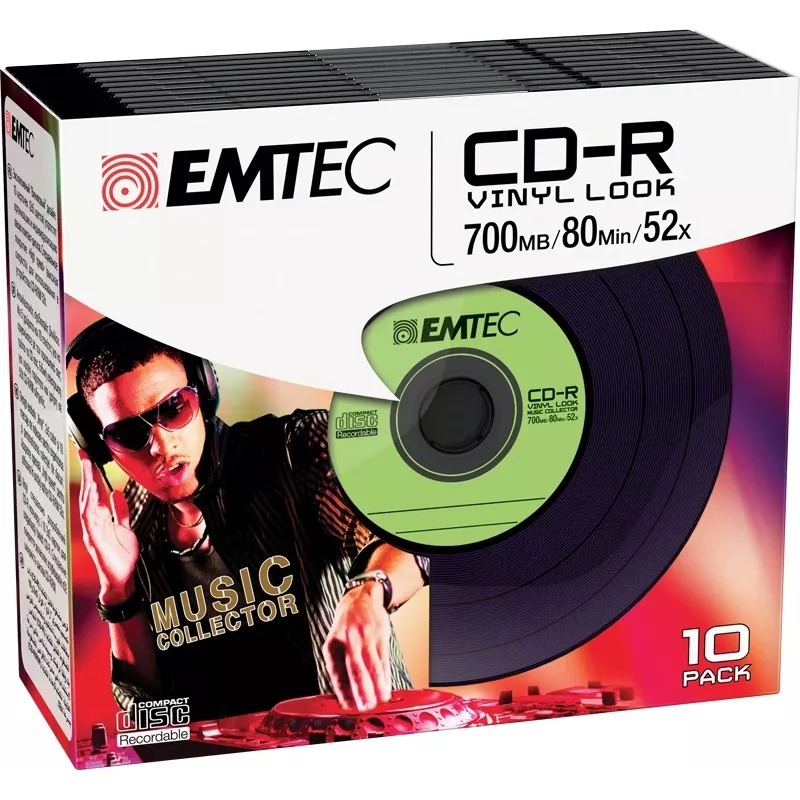 EMTEC Vinyl Look - 10 x CD-R - 700 MB (80 min) 52x - zila, dzeltena, ceriņu, zaļa, rozā - plāns Jewel Case