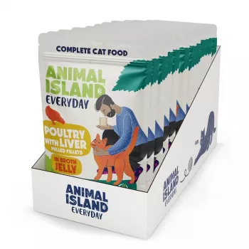 Mitrā kaķu barība animal island Ikdienas Putnu gaļa un aknas želejā, komplekts 12 x 85 g, pieaugušiem kaķiem, bez lipekļa un sojas