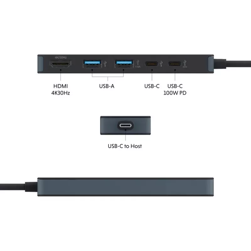 USB-C centrmezgls HYPER HD4101BKGL — 5 portu (USB-C, USB 3.2 Gen1 A tipa, HDMI 4K), 5000 Mbit/s, melns