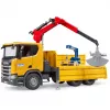 Rotaļu celtniecības kravas automašīna BRUDER Scania Super 560R ar celtni un 2 paliktņiem
