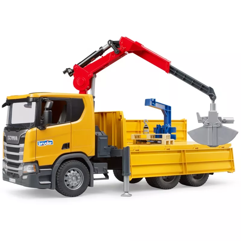 Rotaļu celtniecības kravas automašīna BRUDER Scania Super 560R ar celtni un 2 paliktņiem