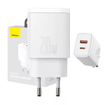 Sienas lādētājs Baseus Compact 1x USB-A + 1x USB-C 3A, kompakts ceļojuma adapteris