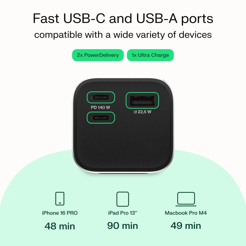Portatīvais akumulators Green Cell PBGC25UD, 25200 mAh, Li‑Ion, 140 W kopējā jauda, 2× USB‑C + 1× USB‑A, OLED displejs, alumīnija korpuss