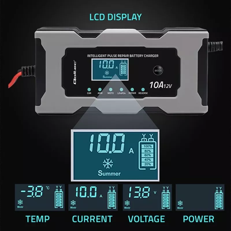 Lādētājs QOLTEC 52493 12V 10A ar remonta funkciju AGM baterijām