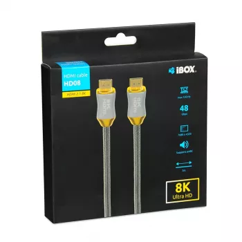 HDMI kabelis IBOX HD08 2 m, HDMI Type A tēviņš–tēviņš, HDMI 2.1, sudraba