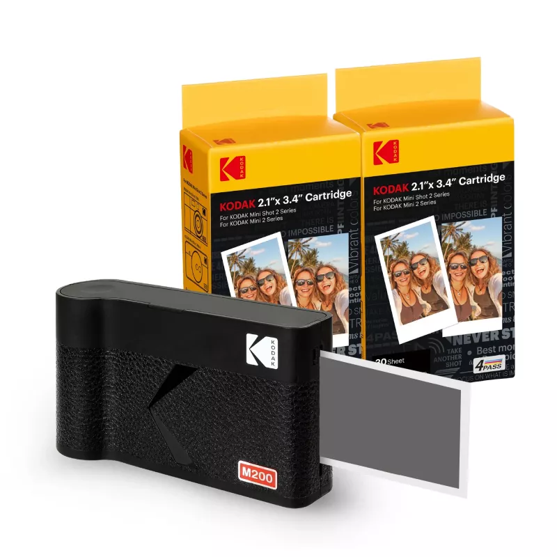 Instant kamera Kodak Mini 2 Era Melna — kompakta tūlītējās fotogrāfijas kamera, krāsaina druka
