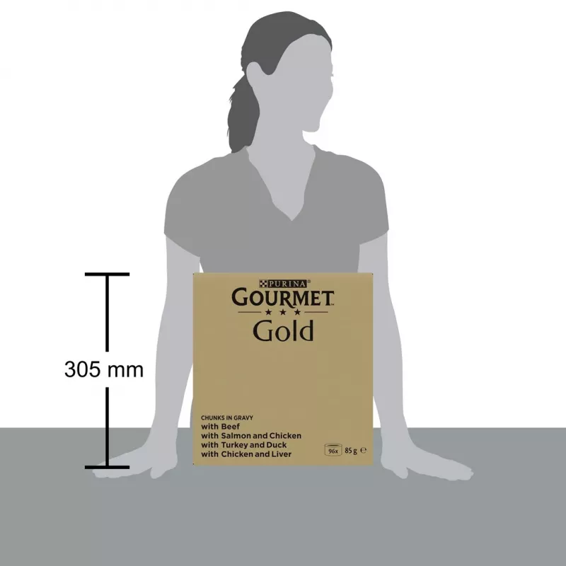 Mitrās kaķu barības multipaka Purina Nestlé GOURMET Gold gabaliņi mērcē — 96 x 85 g, 8,16 kg, 4 garšu sajaukums
