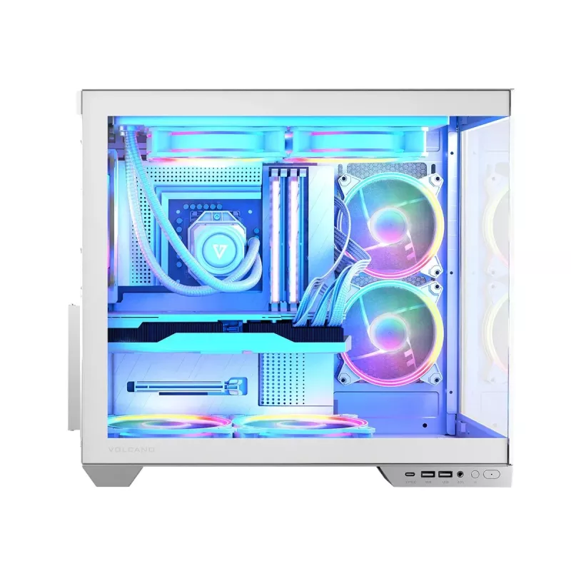PC korpuss MODECOM Volcano Panorama Midi Tower balts — micro ATX, rūdīts stikls, ARGB, USB-C, atbalsta GPU 400 mm