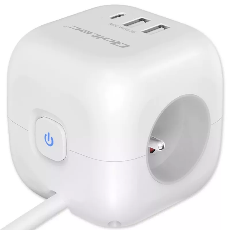 Power Cube QOLTEC 52547 strāvas sadalītājs 3× maiņstrāvas kontaktligzdas, 2× USB-A, 1× USB-C PD 20W
