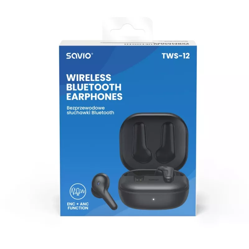 SAVIO in-ear TWS headset TWS-12, Bluetooth 5.3, built-in mic, Melns