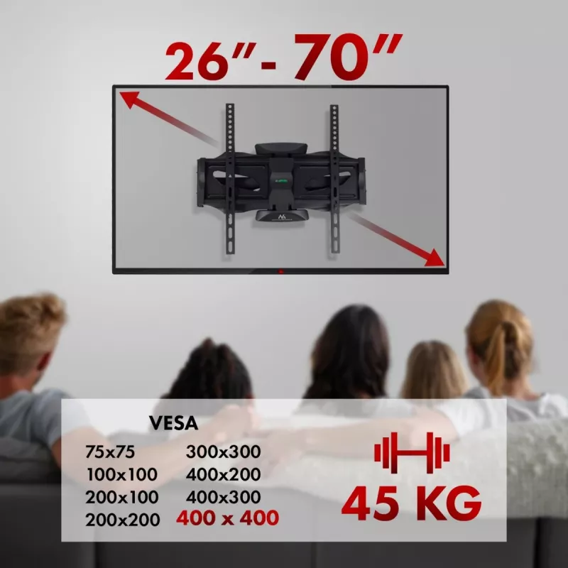 Sienas TV stiprinājums MACLEAN MC-781 ekrāniem no 66 līdz 177,8 cm (26–70 collas), slīpums -12–2°, VESA 100x100–400x400, maks. slodze 45 kg, melns