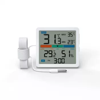 Termometrs‑higrometrs MANTA MTO002W ar ārējo sensoru (150 cm), iekštelpu 0–+50°C, ārtelpu -40–+70°C, mitrums 20–95% RH, komforta indikators, pulkstenis
